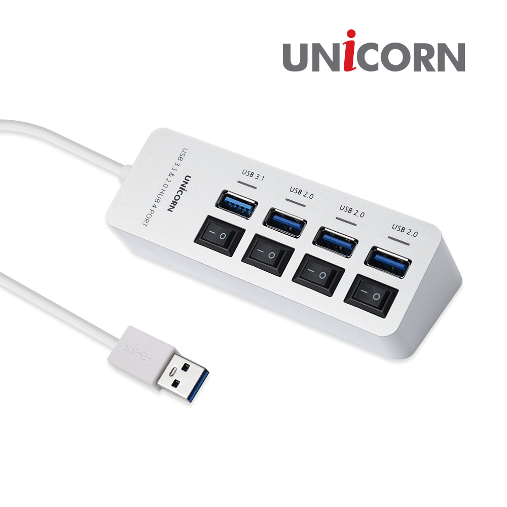 유니콘 4포트USB허브 USB3.1+USB2.0 포트별개별스위치/상태LED RH-310AC