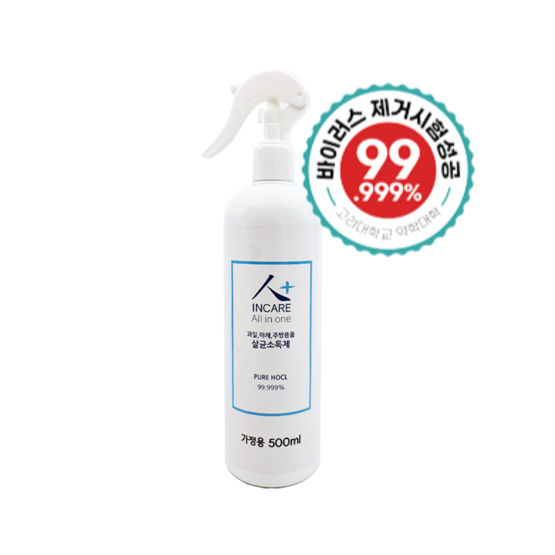 인케어 미산성 차아염소산수 살균소독제 방역 주방 식당 위생 살균수 무알콜 5OOml 스프레이
