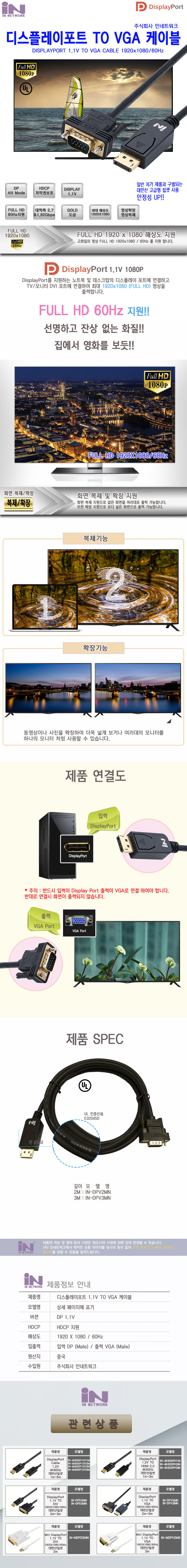 INC158 디스플레이포트 DP TO VGA 케이블 2M 컨버터