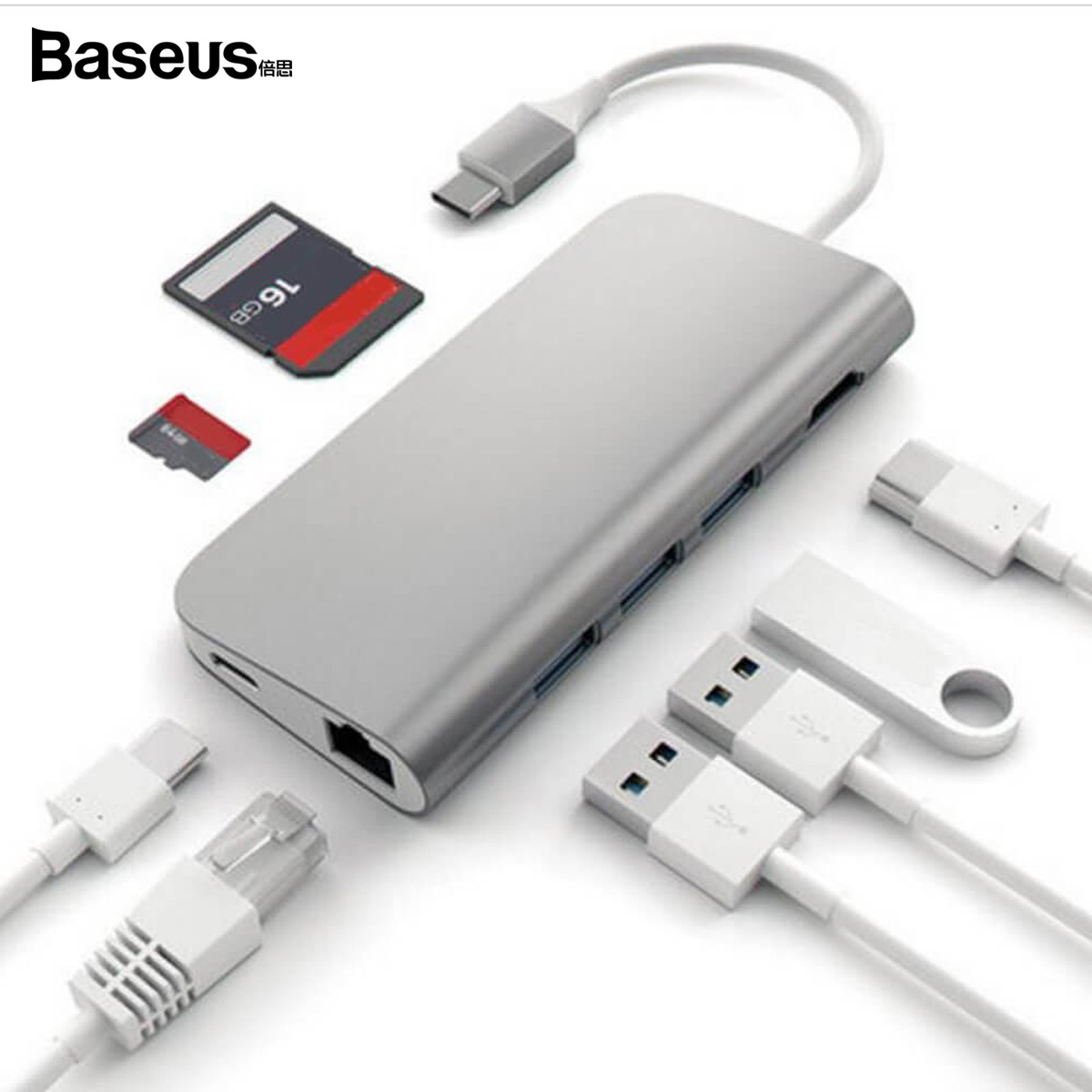베이스어스 올마이티 C타입 USB 8 in 1 멀티포트 허브 [그레이]
