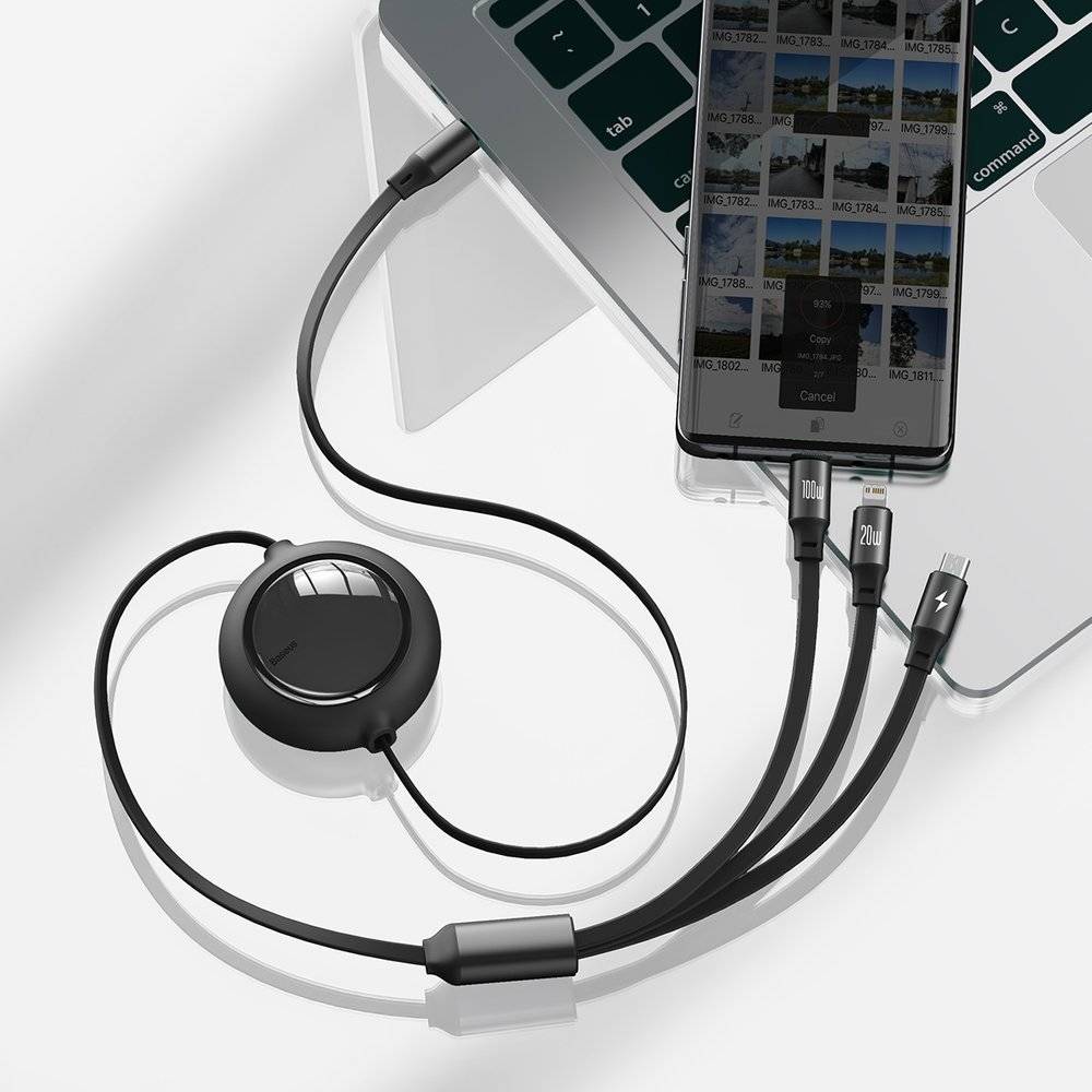 베이스어스 100W 브라이트 미러 3in1 데이터 고속충전 케이블 블랙