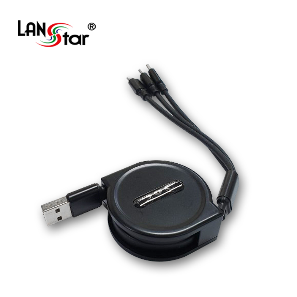 모바일 충전 데이터 케이블 1M, 3 in 1, 자동감김 (Type C/Micro 5P/ 8P) Black