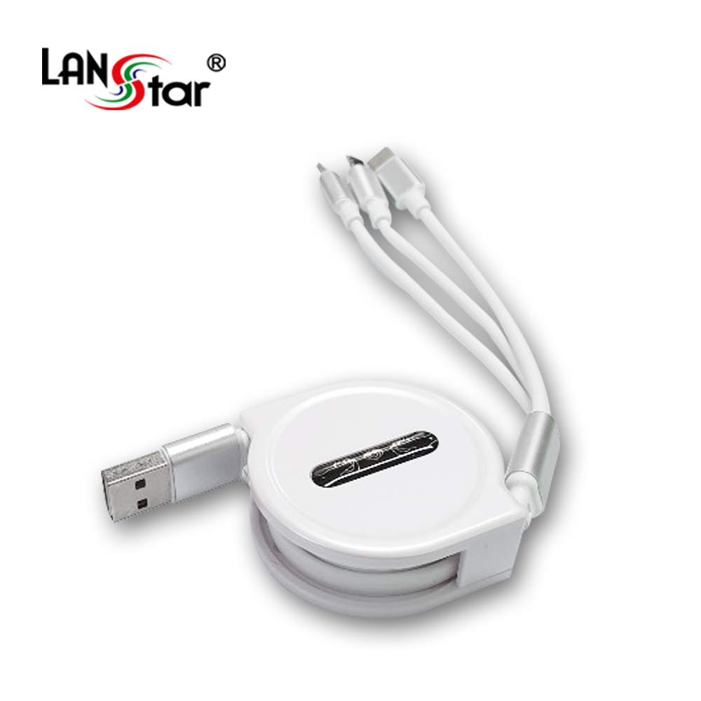모바일 충전 케이블 1M, 3 in 1, 자동감김 (Type C/Micro 5P/ 8P) White