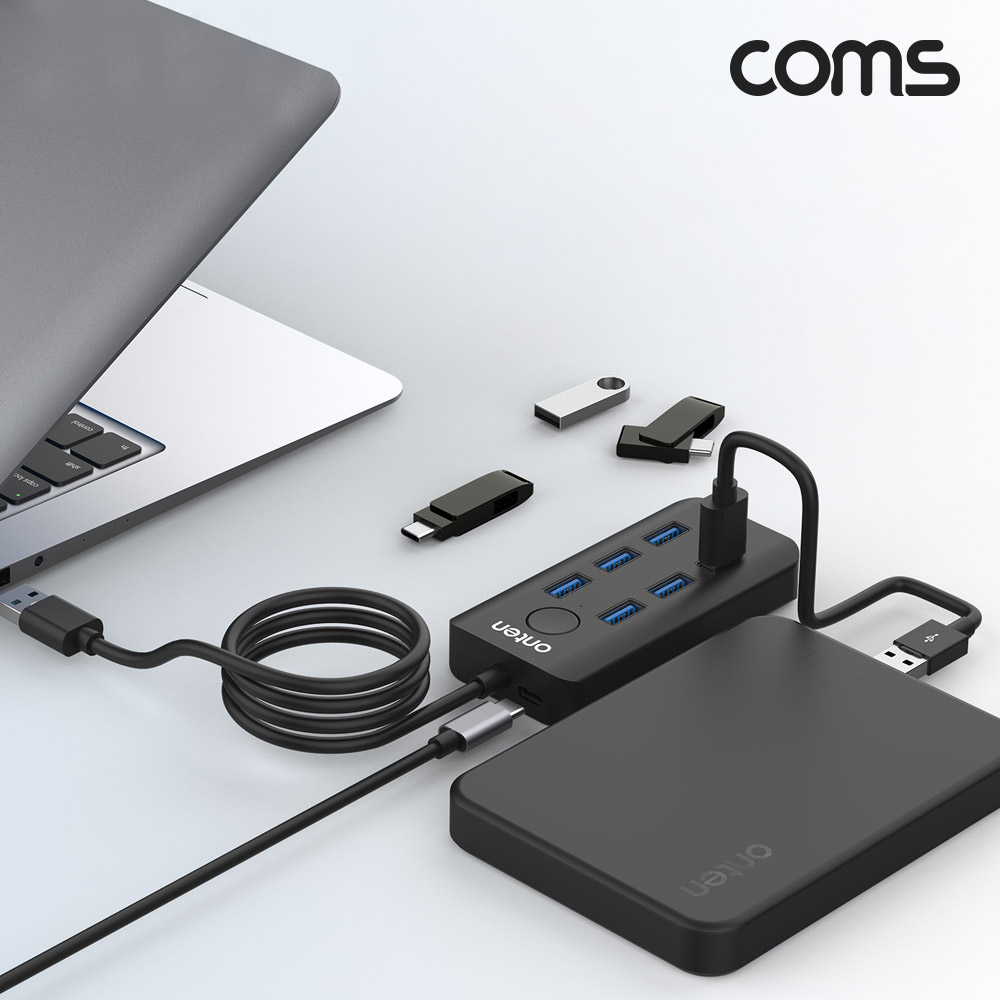Coms USB 3.0 멀티허브 6포트 Gen1 5Gbps RJ45 이더넷 랜카드 10/100Mbps 화면잠금 락스크린 버튼