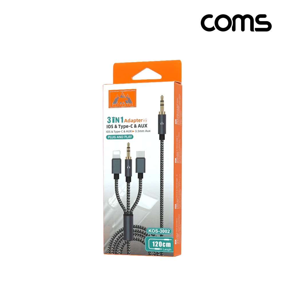 Coms 3in1 AUX 변환 케이블 1M, C타입 iOS 8핀