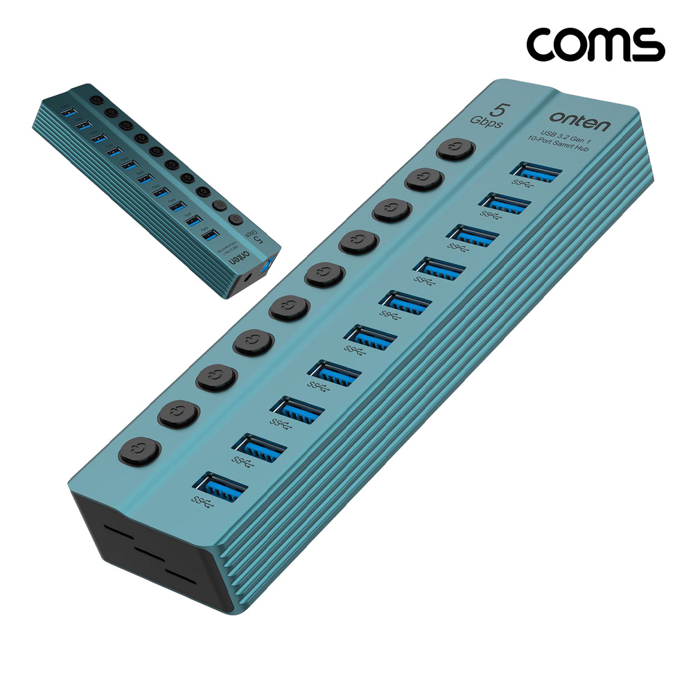 Coms USB 3.0 10포트 멀티허브 5Gbps 개별 스위치 12V 전원 USB 3.2 Gen1