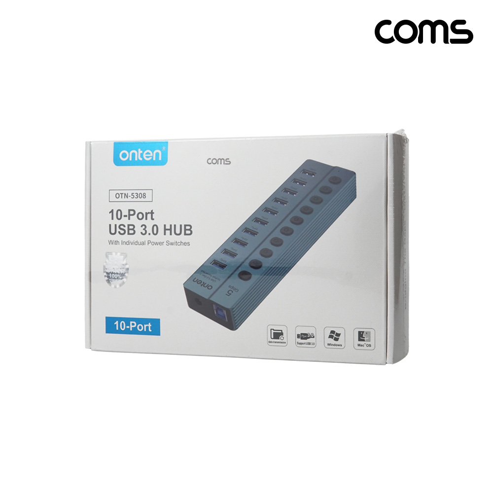 Coms USB 3.0 10포트 멀티허브 5Gbps 개별 스위치 12V 전원 USB 3.2 Gen1