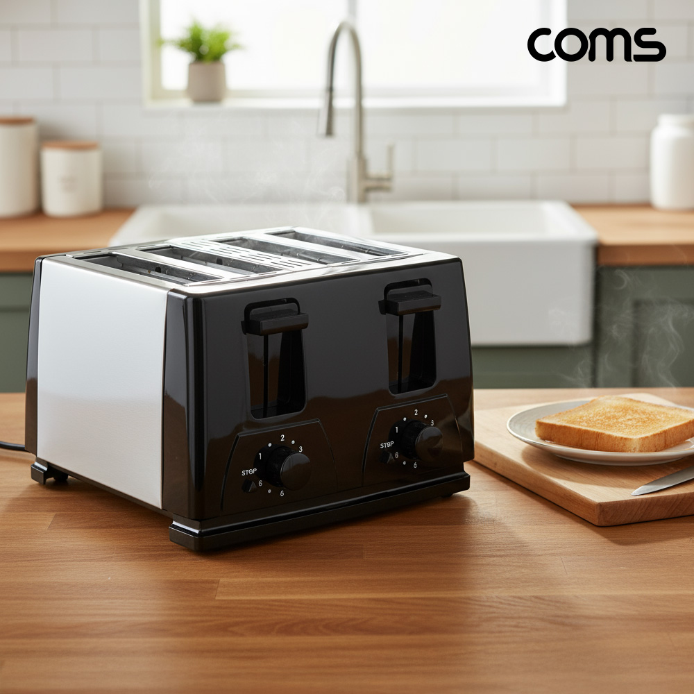 Coms 4구 팝업 토스터기 6단계 굽기조절 토스트기 1300W