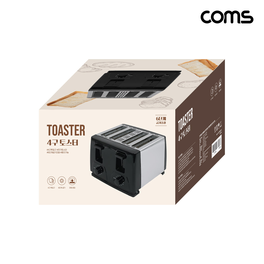 Coms 4구 팝업 토스터기 6단계 굽기조절 토스트기 1300W