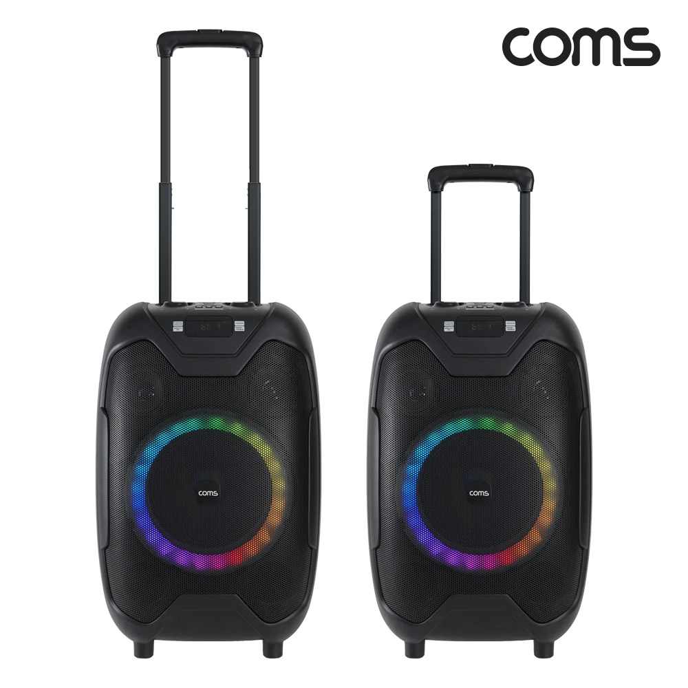 Coms UHF 이동식 블루투스 무선마이크 앰프 LED 파티박스 50W TWS지원 노래방 UHF 마이크 2개 포함