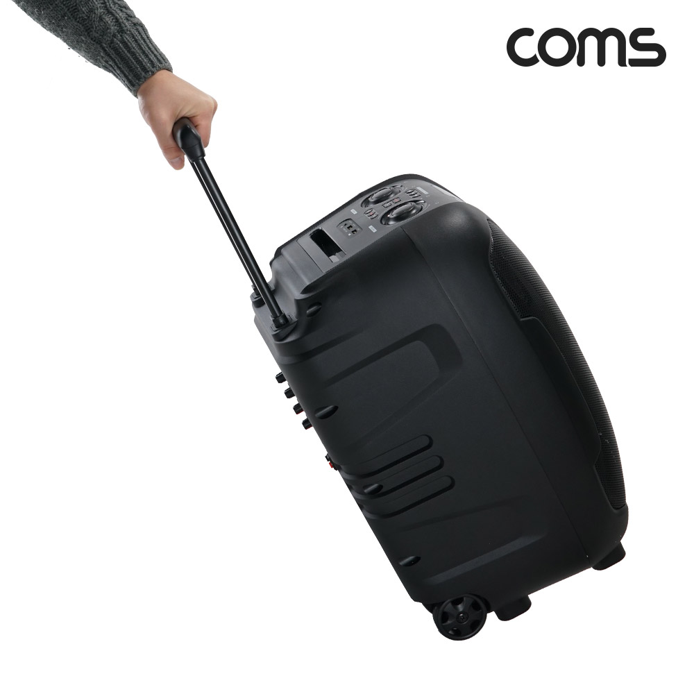 Coms UHF 이동식 블루투스 무선마이크 앰프 LED 파티박스 50W TWS지원 노래방 UHF 마이크 2개 포함