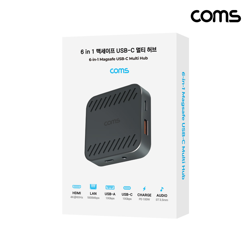 Coms 6in1 맥세이프 USB-C 초소형 멀티 허브 10Gbps PD 100W HDMI 4K60Hz LAN 1Gbps Audio