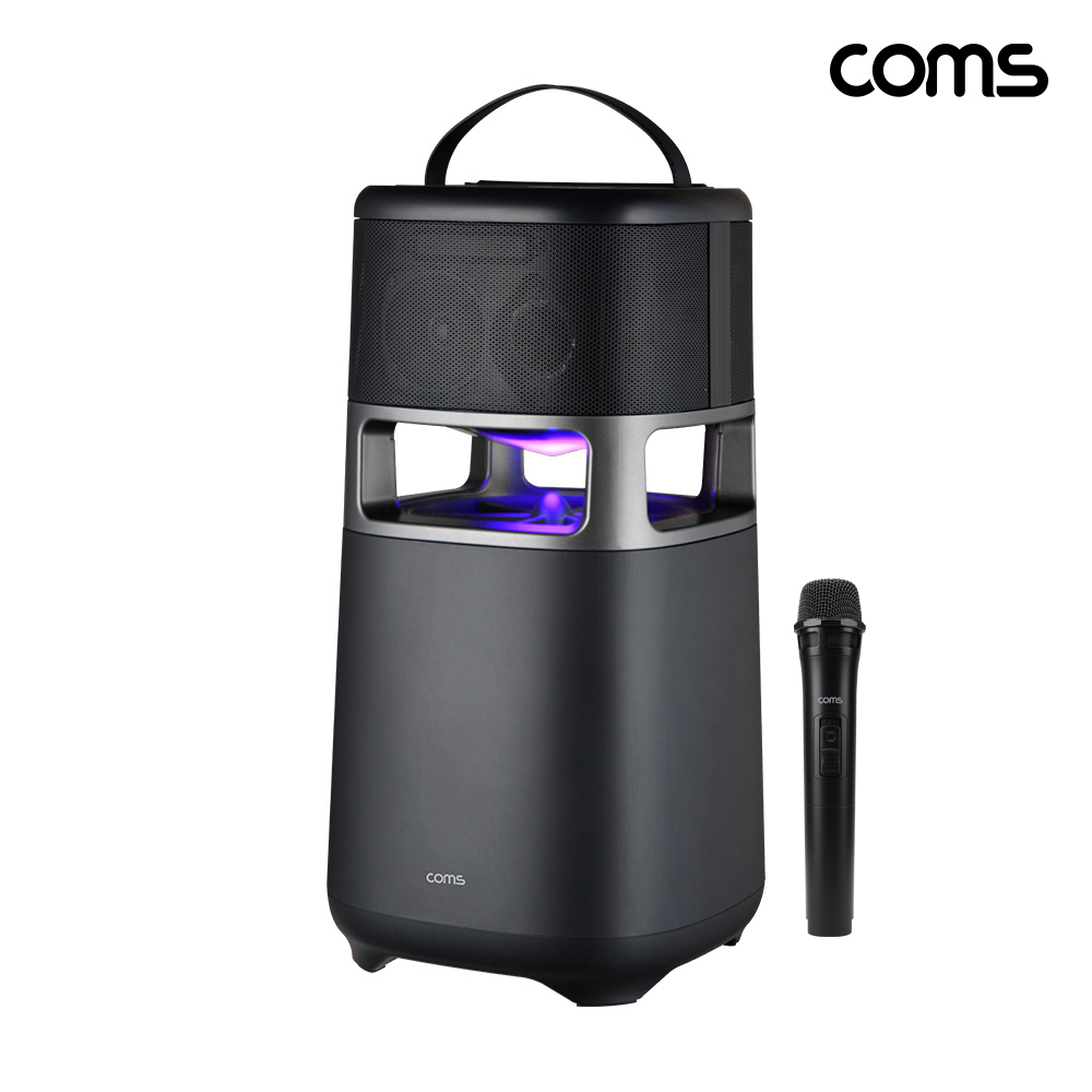Coms 100W 360도 서라운드 블루투스 스피커 강력한 베이스 충전식 휴대용 무선마이크 포함 TWS 스테레오 노래방 버스킹 캠핑