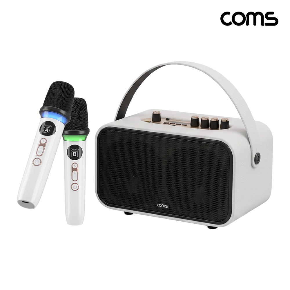 Coms 정격 24W 블루투스 앰프 TWS 홈 노래방 스피커 아날로그 에코 고음저음 조절 유선마이크포트 무선마이크 2개 포함