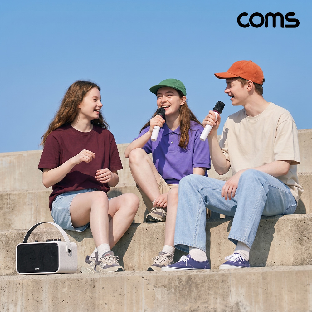 Coms 정격 24W 블루투스 앰프 TWS 홈 노래방 스피커 아날로그 에코 고음저음 조절 유선마이크포트 무선마이크 2개 포함