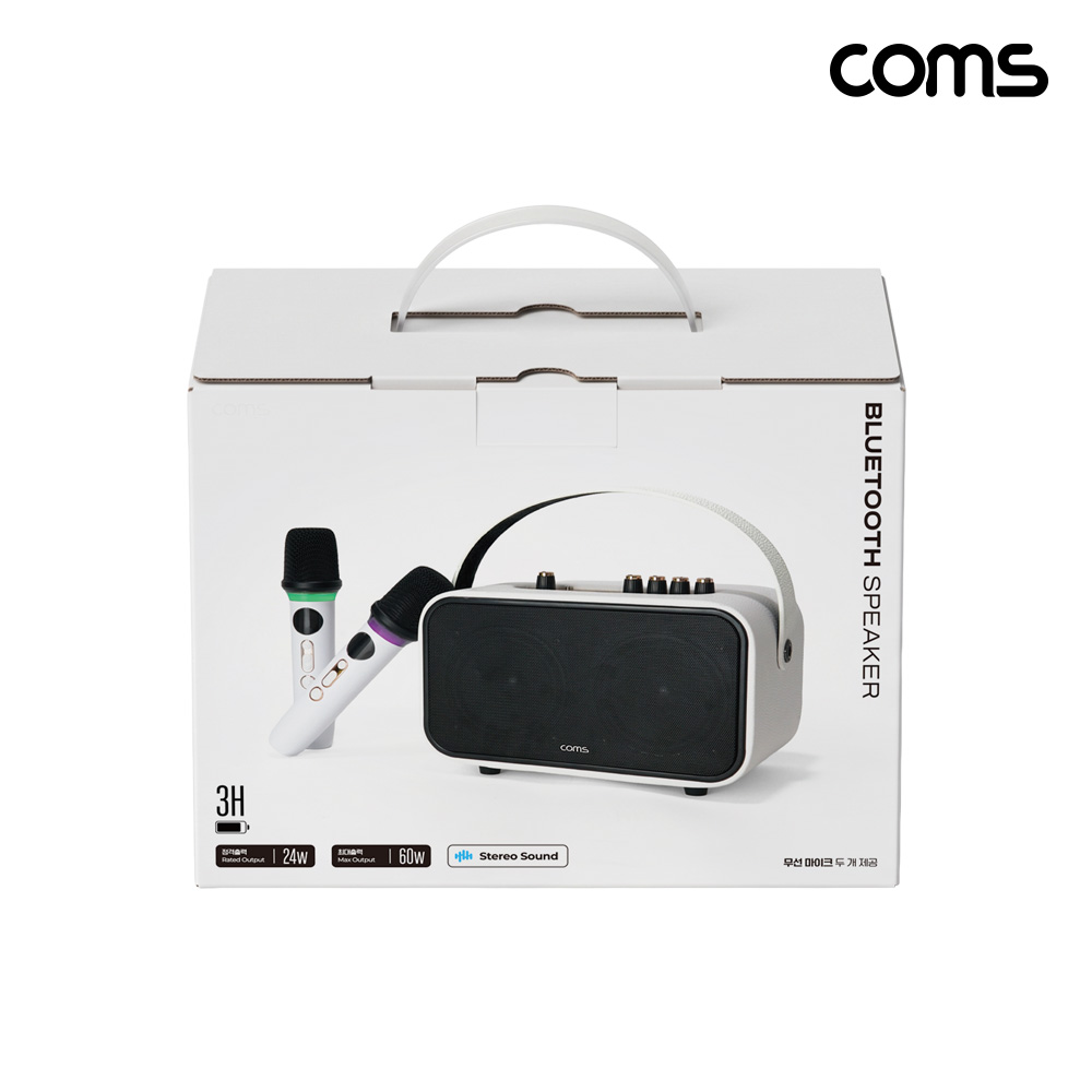 Coms 정격 24W 블루투스 앰프 TWS 홈 노래방 스피커 아날로그 에코 고음저음 조절 유선마이크포트 무선마이크 2개 포함