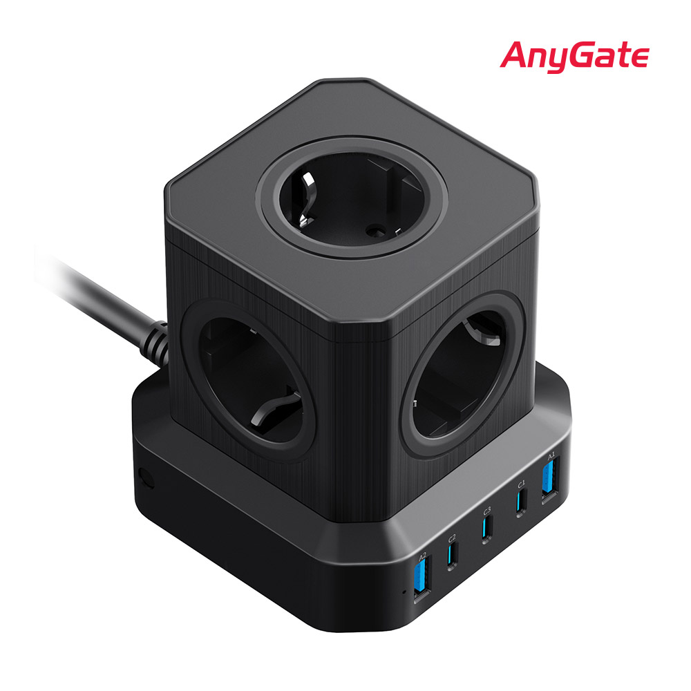 Anygate 버티컬 5구 2M 4000W 멀티탭 타워형 큐브형 black 65W 5포트 초고속 스마트폰 충전 노트북 충전