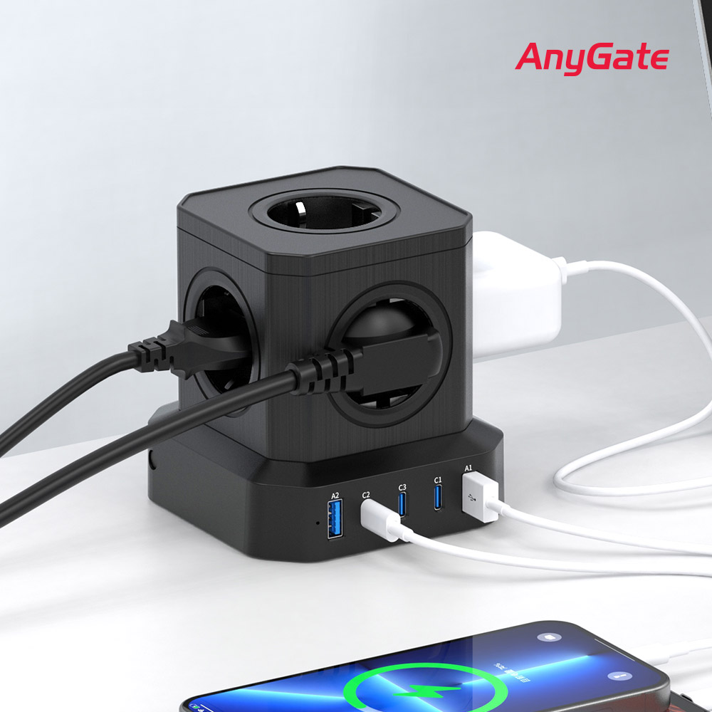 Anygate 버티컬 5구 2M 4000W 멀티탭 타워형 큐브형 black 65W 5포트 초고속 스마트폰 충전 노트북 충전
