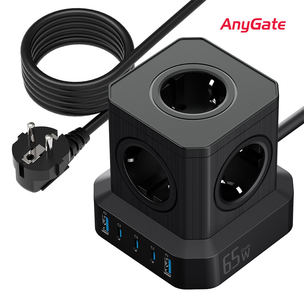 Anygate 버티컬 5구 2M 4000W 멀티탭 타워형 큐브형 black 65W 5포트 초고속 스마트폰 충전 노트북 충전