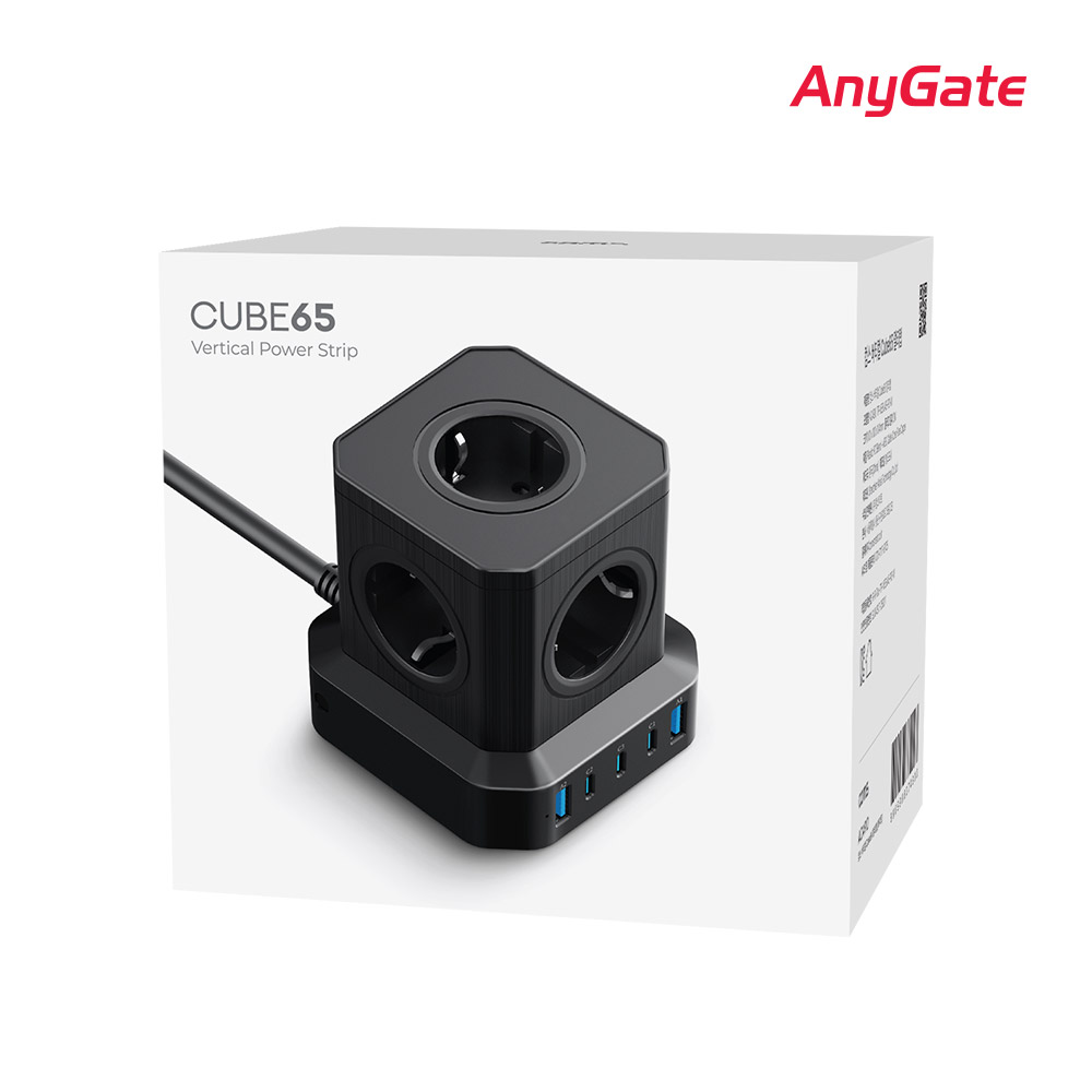Anygate 버티컬 5구 2M 4000W 멀티탭 타워형 큐브형 black 65W 5포트 초고속 스마트폰 충전 노트북 충전