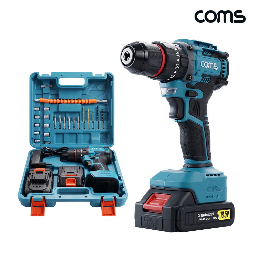 Coms 18.5V 충전식 무선 임팩트 드릴 해머 드라이버 수공구세트 배터리 2개 콘크리트 목공 금속 타공