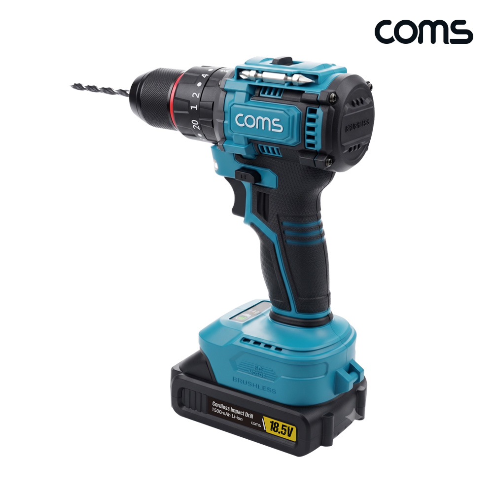 Coms 18.5V 충전식 무선 임팩트 드릴 해머 드라이버 수공구세트 배터리 2개 콘크리트 목공 금속 타공