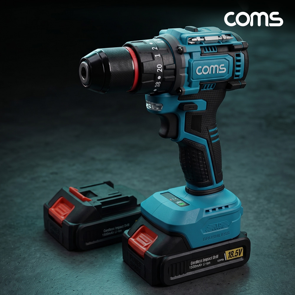 Coms 18.5V 충전식 무선 임팩트 드릴 해머 드라이버 수공구세트 배터리 2개 콘크리트 목공 금속 타공