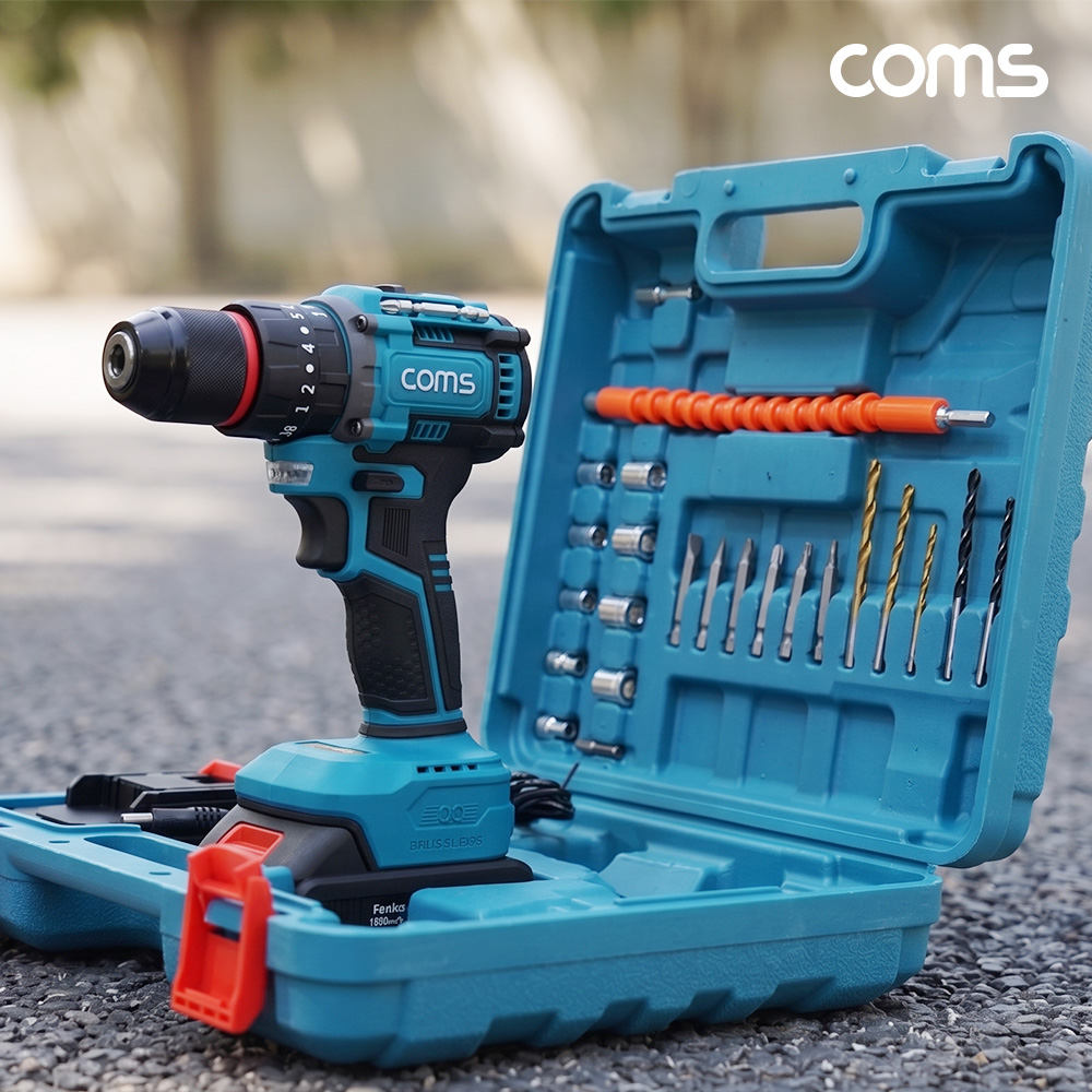 Coms 18.5V 충전식 무선 임팩트 드릴 해머 드라이버 수공구세트 배터리 2개 콘크리트 목공 금속 타공