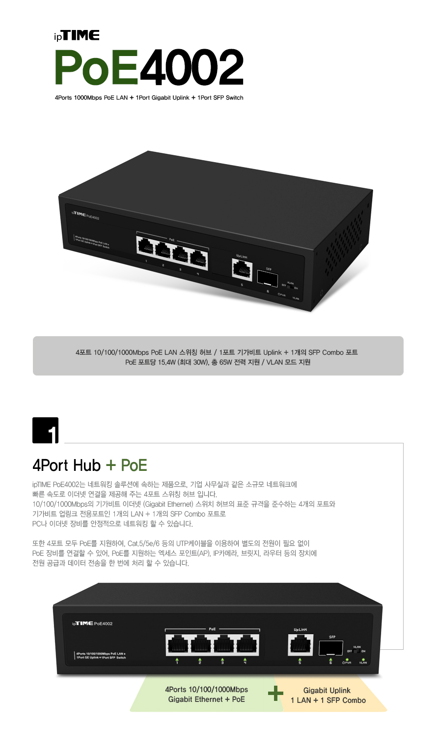 ipTIME POE4002 4포트 PoE 스위칭 허브