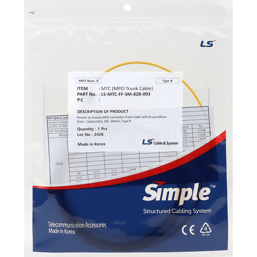 LS전선 SM 8C MPO 광점퍼코드 3m LS-MTC-FF-SM-08ZB-003