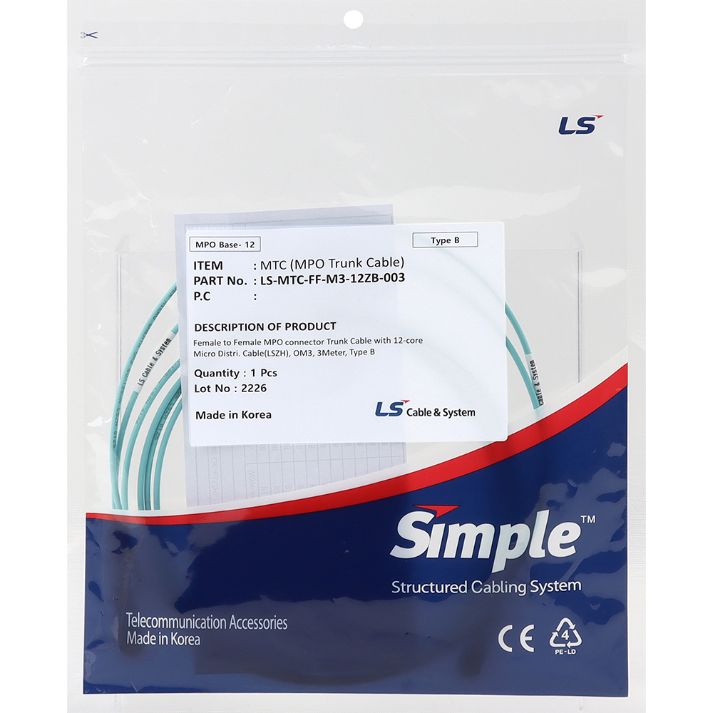 LS전선 OM3 12C MPO 광점퍼코드 3m LS-MTC-FF-M3-12ZB-003