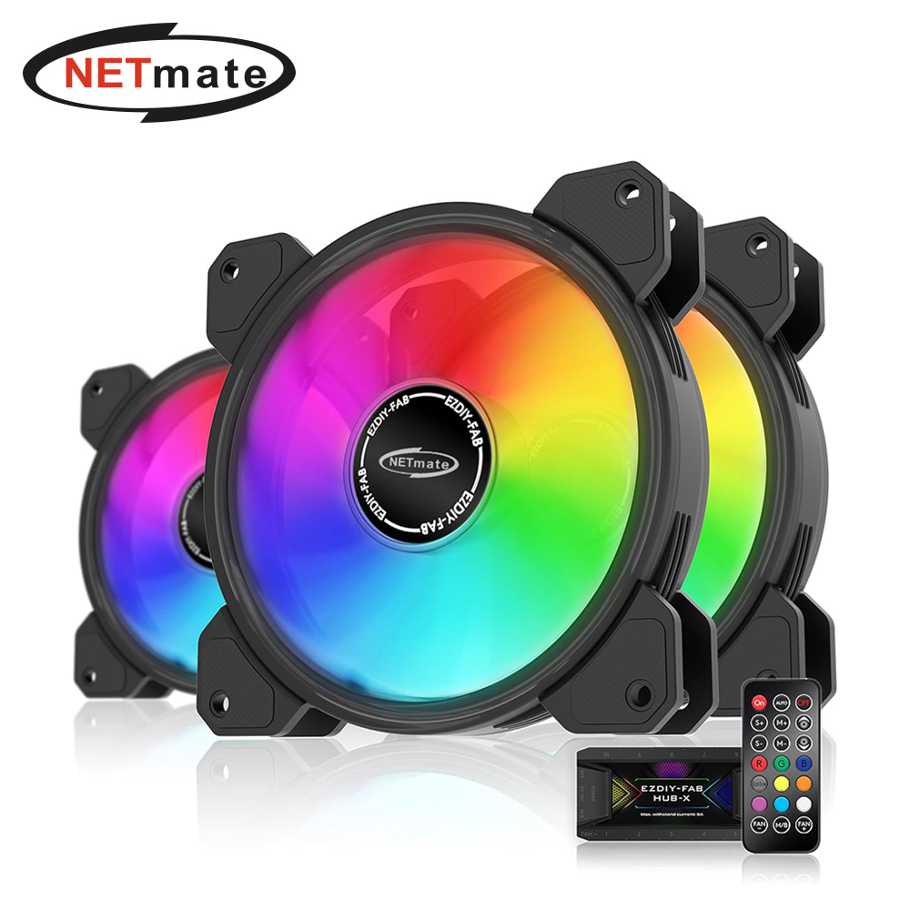 강원전자 넷메이트 Inner Ring ARGB 120mm 쿨링팬(블랙/3PACK + 팬허브 + 리모컨) [EZDIY-FAB] NM-DPR04415