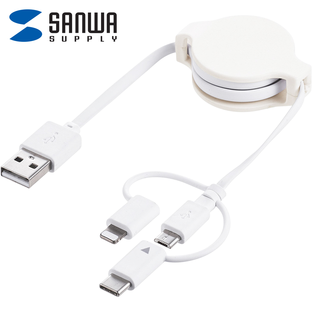 강원전자 산와서플라이 USB2.0 3 in 1 자동감김 케이블 500-IPLMM020K